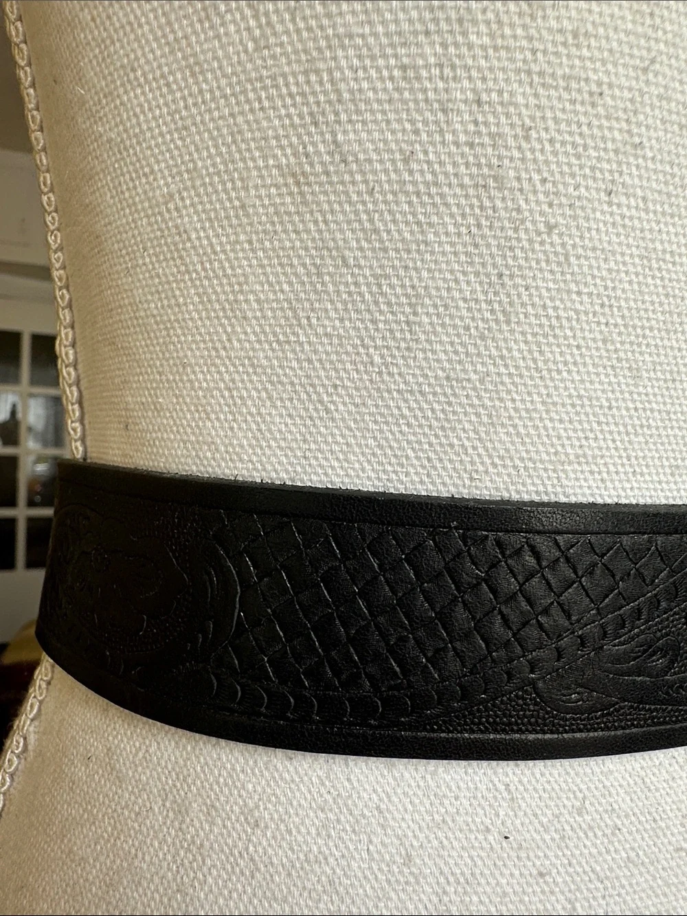 Western Tooled Black Leather Belt with Removable Oval Silver-tone Buckle 34